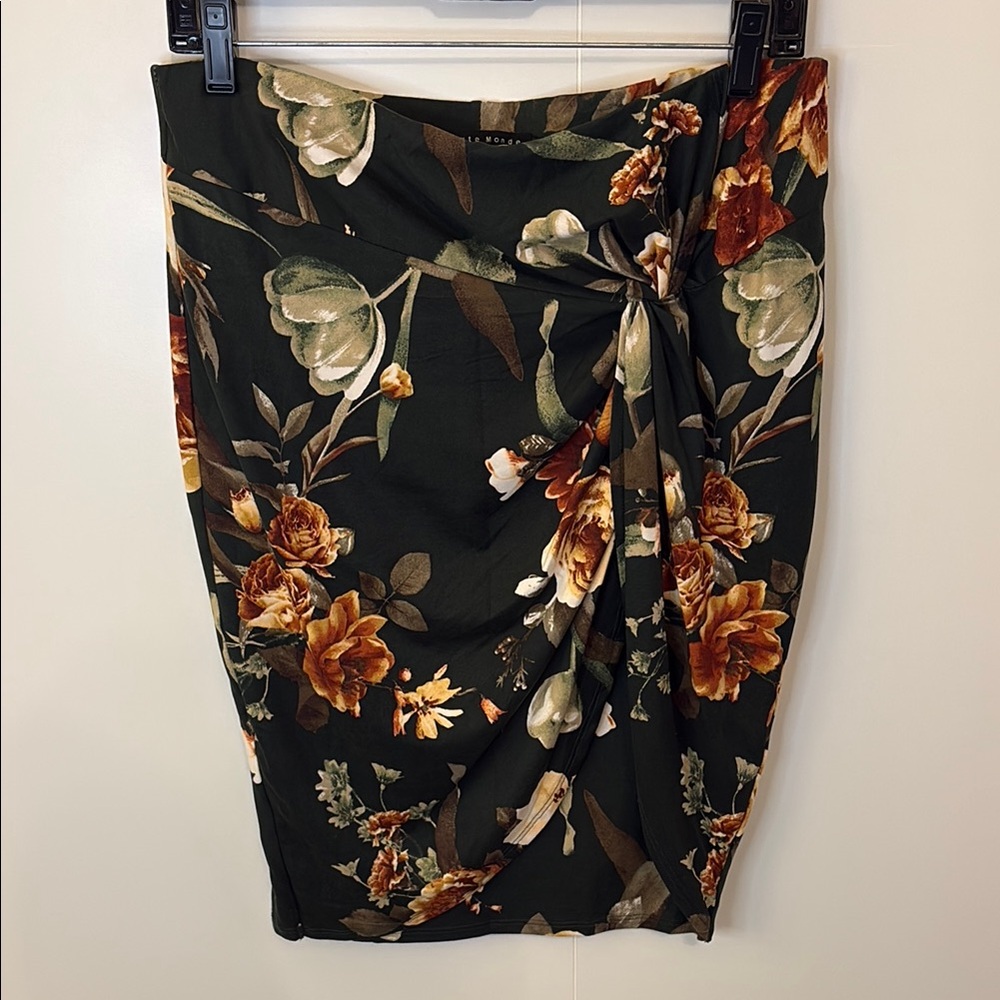 Haute Monde Olive Green with Orange & White Flowers Ruched Pencil Skirt